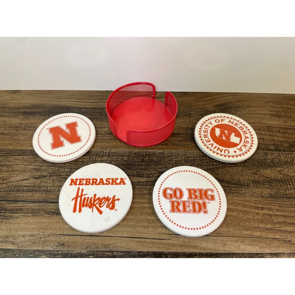 Nebraska Cornhuskers Coaster Set in Metal Holder Huskers Go Big Red University